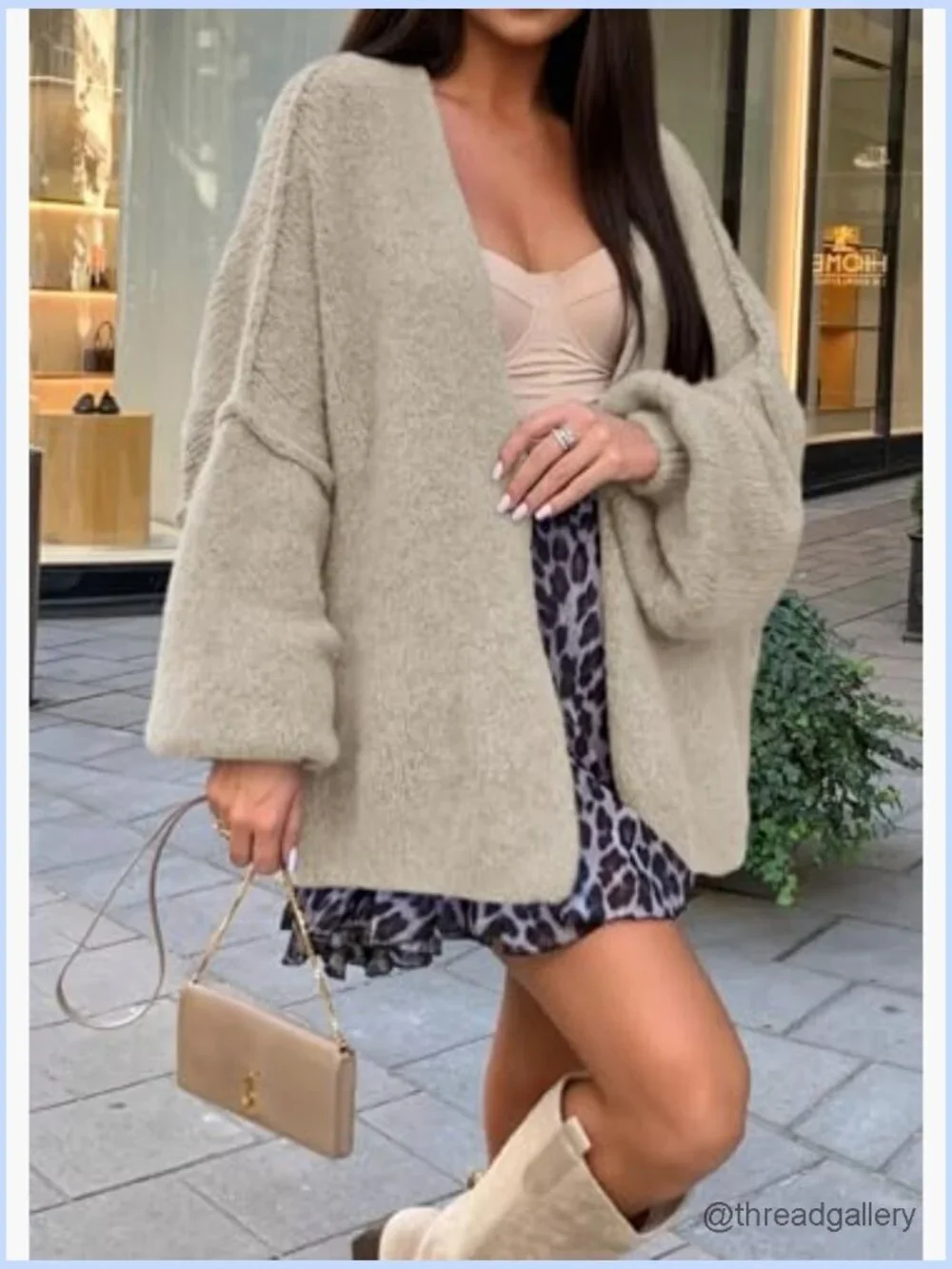 Oversized Lantern Sleeve Knit Cardigan Sweater